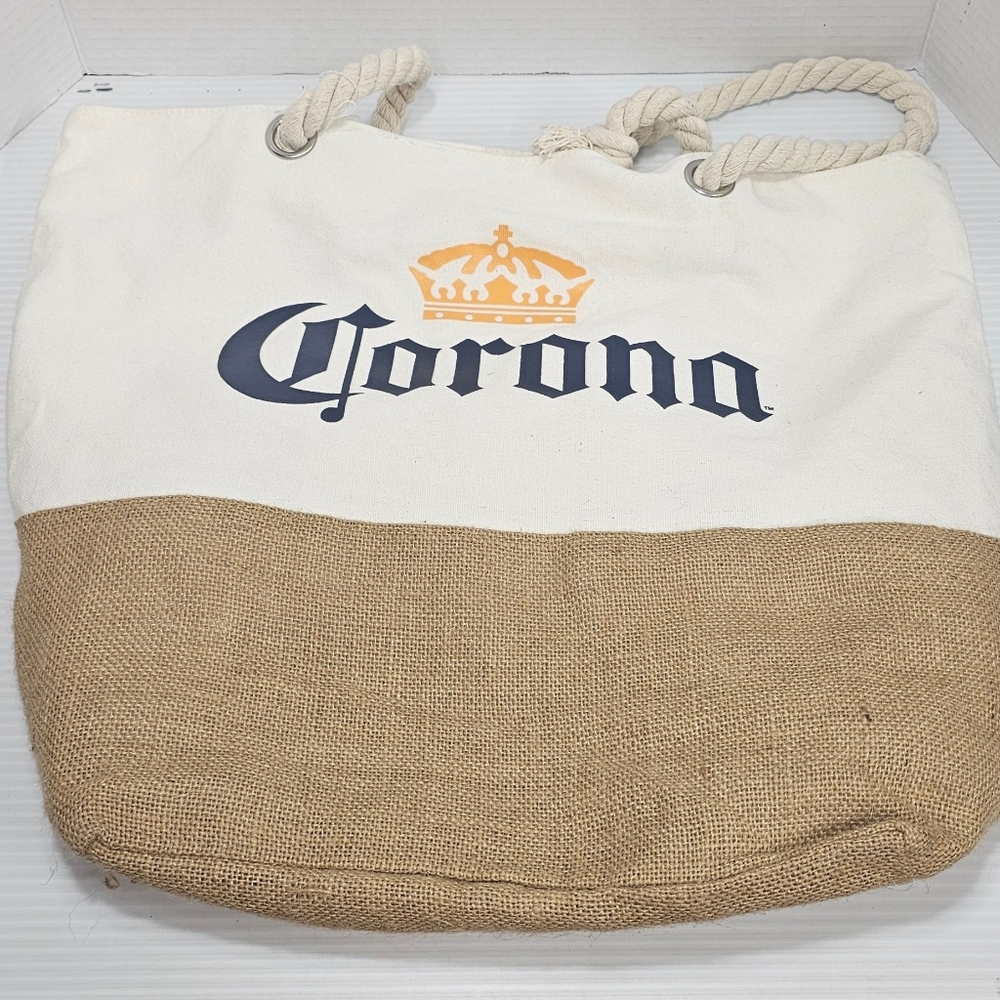 Corona White Canvas and Tan Jute Tote with Navy Logo